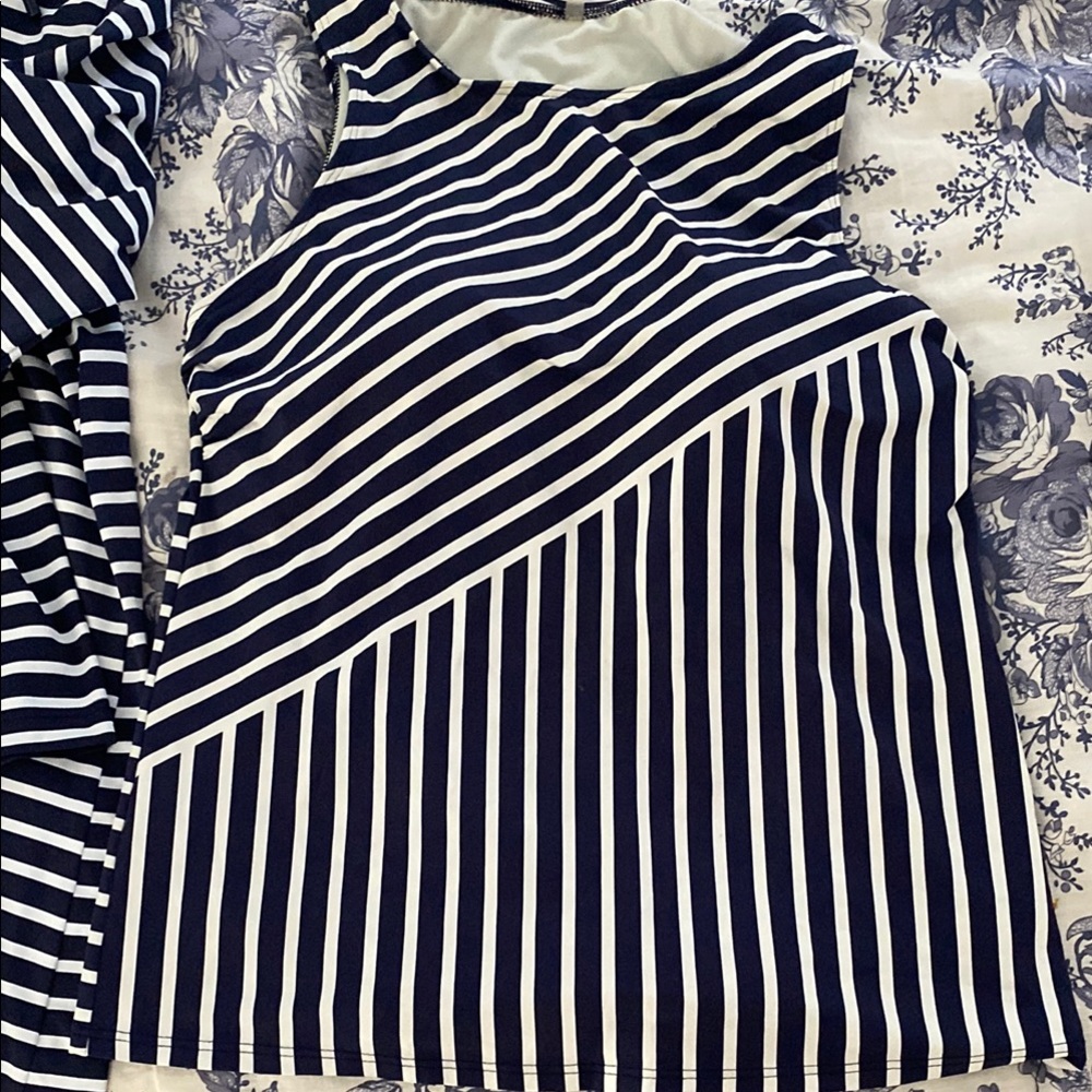 Navy and White Striped Women's Swim Tankini Top